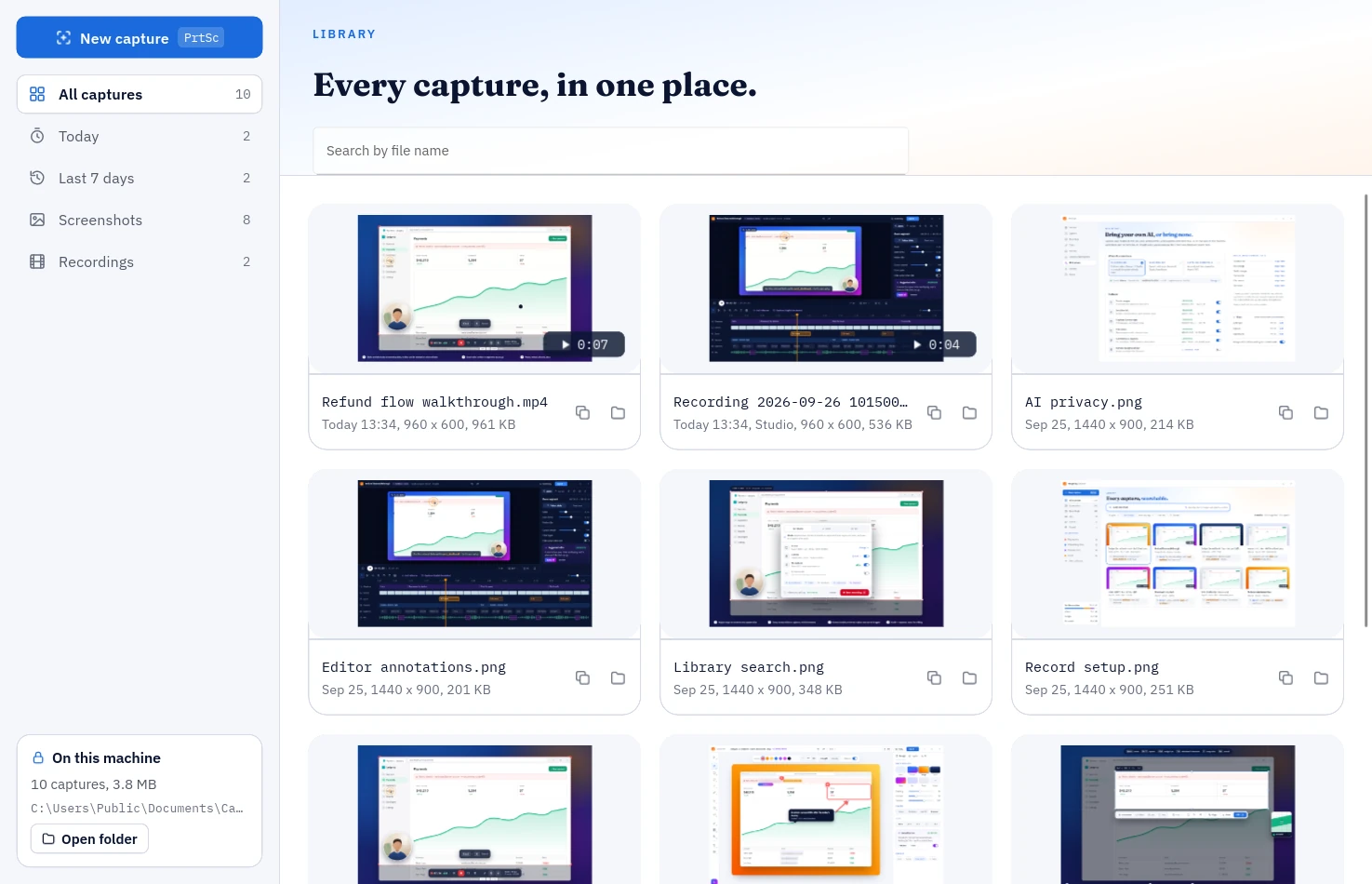 The library, listing screenshots and recordings with search by file name and filters